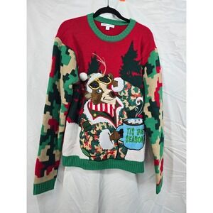 Celebrate Together Mens Reindeer Digital Camo Ugly Christmas Sweater Red Green L